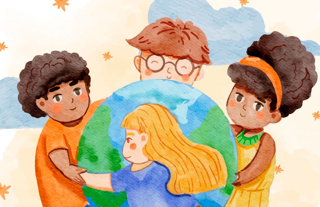 Desenho de crianças abraçando o planeta terra